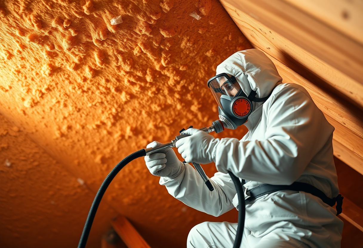 Technician spray-foaming an attic with warm gradient lighting
